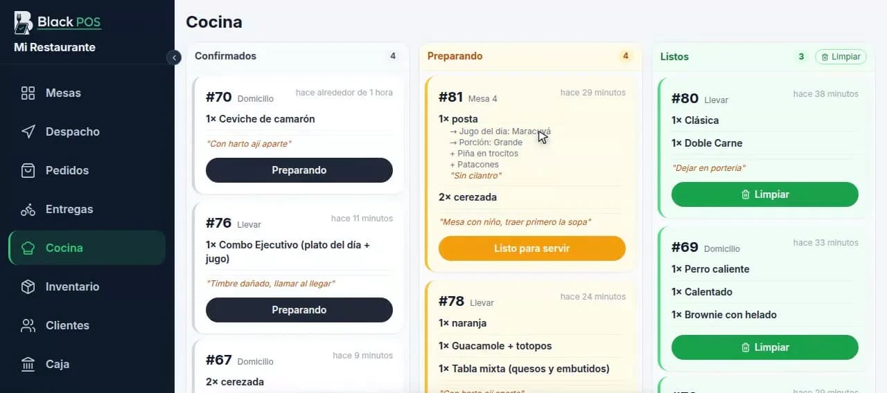 Black POS: la pantalla de cocina con los pedidos confirmados, en preparación y listos