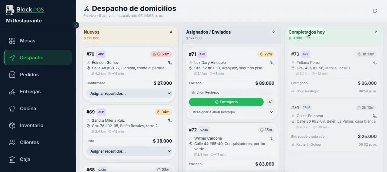 Black POS: despacho de domicilios con los pedidos nuevos, enviados y entregados